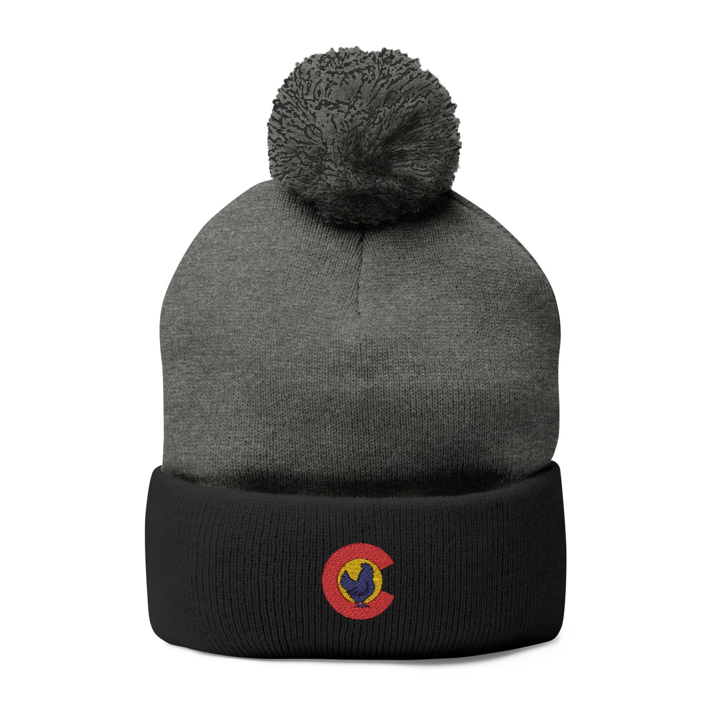 Colorado Chicken Embroidered Beanie – Cozy Pom-Pom Knit Cap for Cold Weather