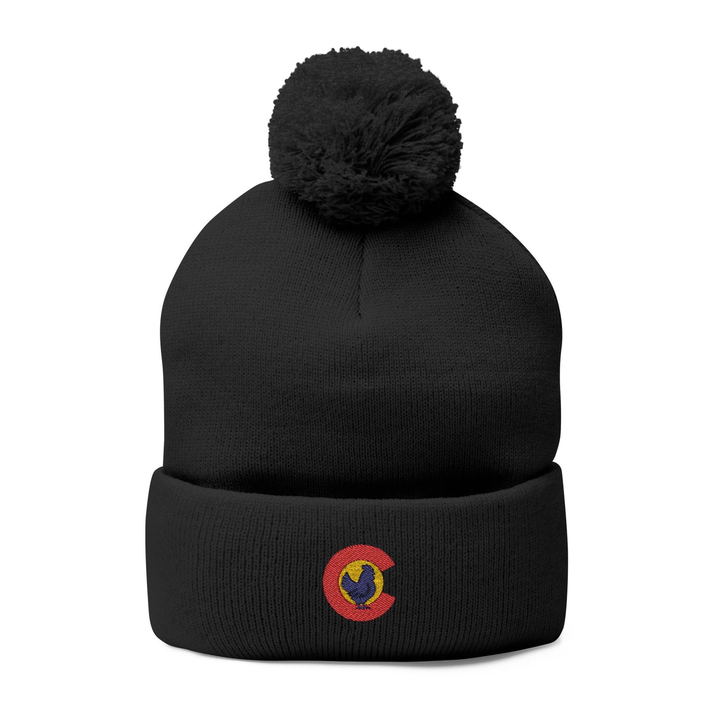 Colorado Chicken Embroidered Beanie – Cozy Pom-Pom Knit Cap for Cold Weather