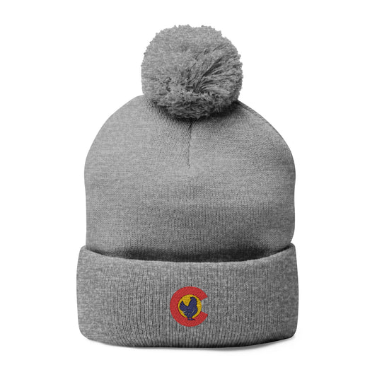 Colorado Chicken Embroidered Beanie – Cozy Pom-Pom Knit Cap for Cold Weather